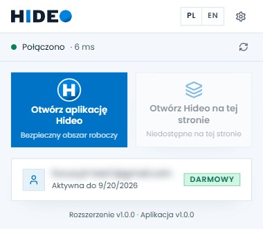 Okno rozszerzenia Hideo ze statusem Połączono i aktywną licencją