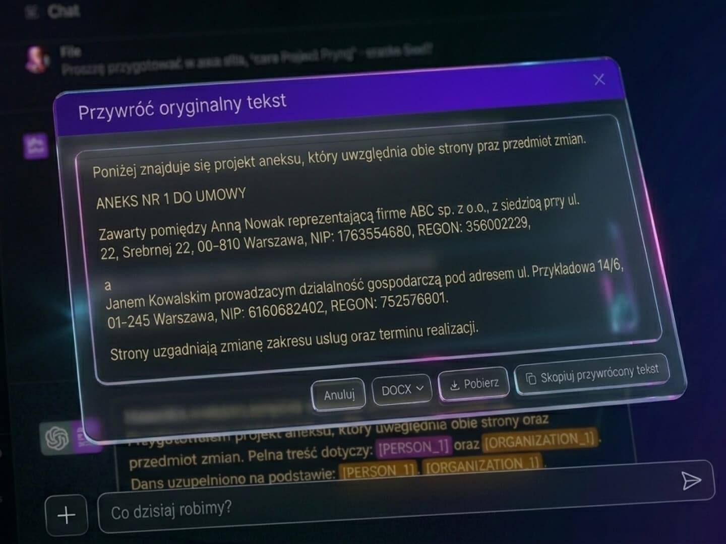 Panel Hideo na czacie ze Sztuczną Inteligencją pokazujący odpowiedź AI z przywróconymi oryginalnymi danymi osobowymi.