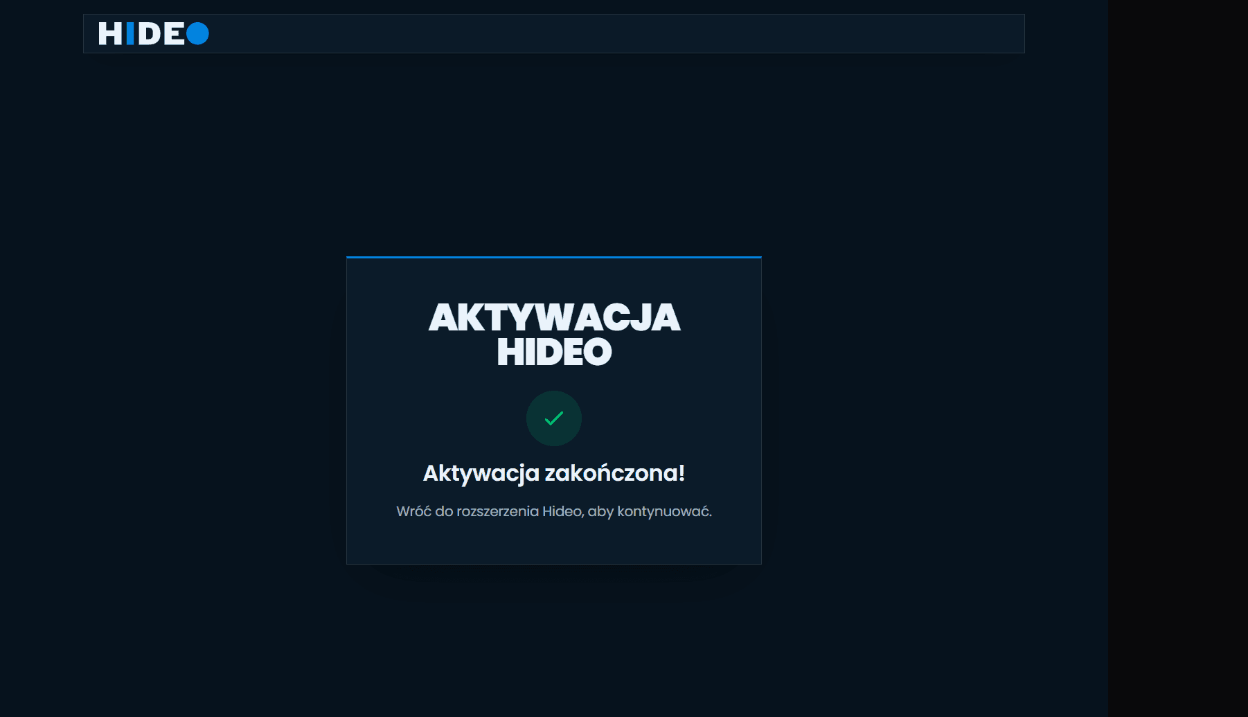 Ekran potwierdzenia aktywacji na hideo.pl