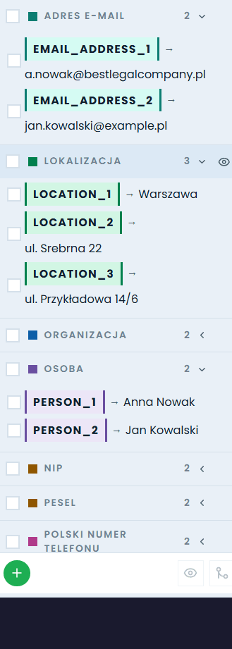 Panel wykrytych danych — grupy i oznaczenia