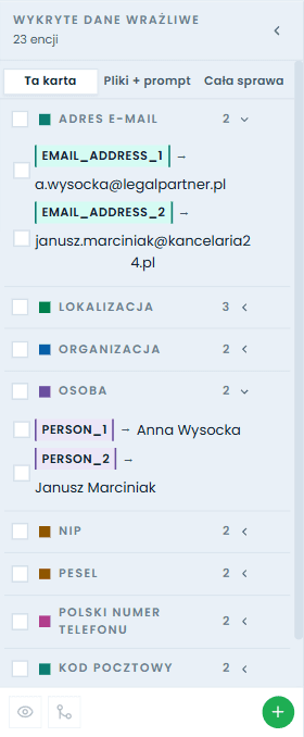 Panel wykrytych danych — grupy i oznaczenia