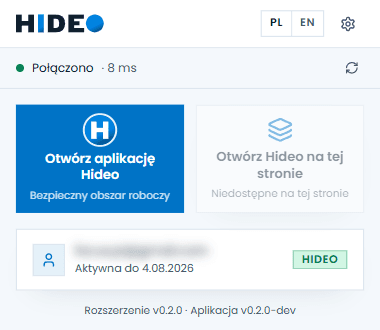 Okno rozszerzenia Hideo ze statusem Online i aktywną licencją