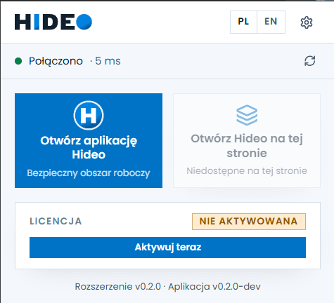 Okno rozszerzenia z nieaktywowaną licencją