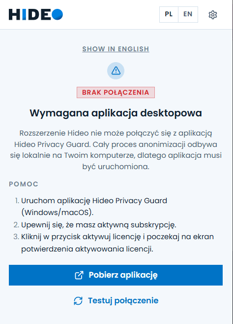 Okno rozszerzenia ze statusem Offline