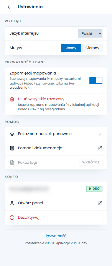 Sekcja ustawień w oknie rozszerzenia