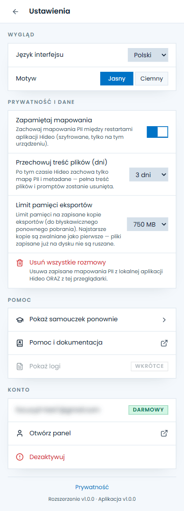 Sekcja ustawień w oknie rozszerzenia